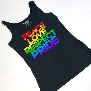 WOMENS 🏳️‍🌈 LARGE SPENCERS TANK BLACK WITH RAINBOW  “PEACE LOVE RESPECT PRIDE”